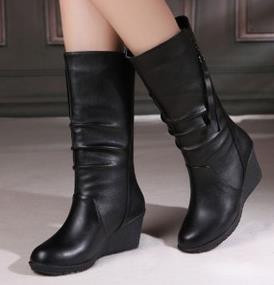 Άνοιξη και Φθινόπωρο Νέα Μόδα Γυναικείες Μπότες Σφήνες Στρογγυλή κεφαλή Μεσαίου μεγέθους Μεγάλες Δερμάτινες Μπότες Botas Mujer Γυναικείες μπότες
