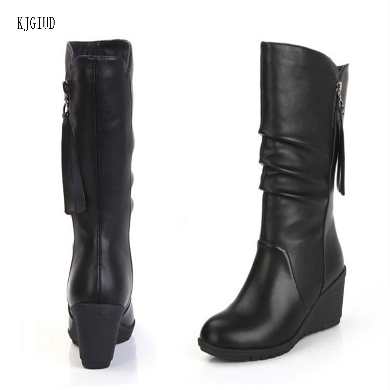 Άνοιξη και Φθινόπωρο Νέα Μόδα Γυναικείες Μπότες Σφήνες Στρογγυλή κεφαλή Μεσαίου μεγέθους Μεγάλες Δερμάτινες Μπότες Botas Mujer Γυναικείες μπότες