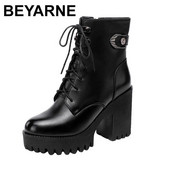 Νέα μόδα φθινόπωρο/χειμώνα Μπότες Knight με χοντρή σόλα Αθλητικά παπούτσια με στρογγυλή κεφαλή Απαλό δέρμα αγελάδας με χοντρό τακούνι Μπότες μεγάλου μεγέθους Γυναικείες μπότες