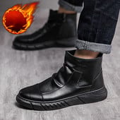 Tõmblukk Plus Velvet Meestesaapad Talvised Motokingad soojad PU Lühikesed Meeste Saapad Klassikalised Veekindlad Ümara ninaga Solid Meeste Saapad Botas