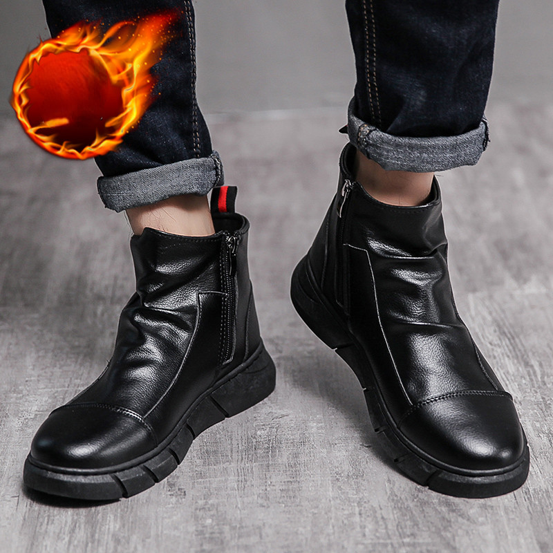 Tõmblukk Plus Velvet Meestesaapad Talvised Motokingad soojad PU Lühikesed Meeste Saapad Klassikalised Veekindlad Ümara ninaga Solid Meeste Saapad Botas