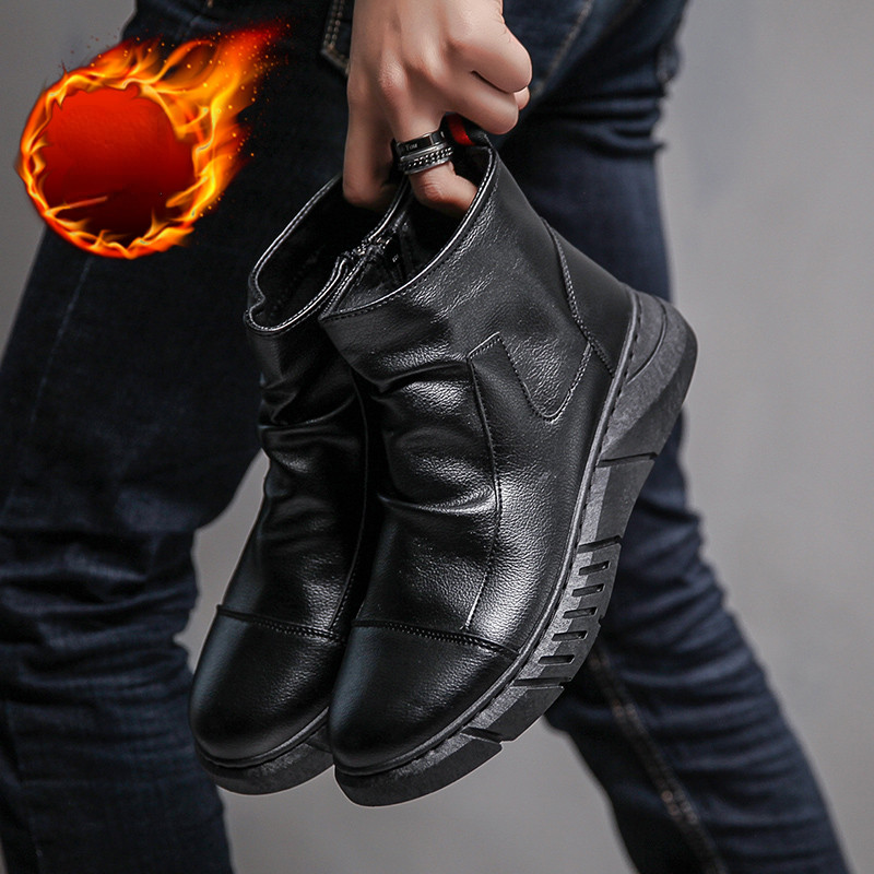 Tõmblukk Plus Velvet Meestesaapad Talvised Motokingad soojad PU Lühikesed Meeste Saapad Klassikalised Veekindlad Ümara ninaga Solid Meeste Saapad Botas