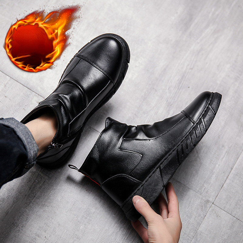 Tõmblukk Plus Velvet Meestesaapad Talvised Motokingad soojad PU Lühikesed Meeste Saapad Klassikalised Veekindlad Ümara ninaga Solid Meeste Saapad Botas