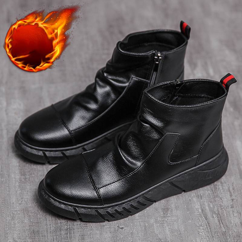 Tõmblukk Plus Velvet Meestesaapad Talvised Motokingad soojad PU Lühikesed Meeste Saapad Klassikalised Veekindlad Ümara ninaga Solid Meeste Saapad Botas