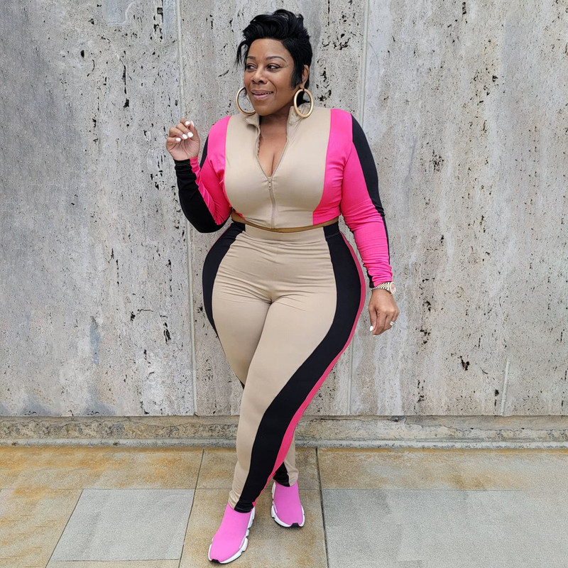 Γυναικεία ρούχα SOMOIA Plus Size Casual αθλητική φόρμα που ταιριάζει σε χρώμα δύο τεμαχίων Σετ φερμουάρ Sporty ριγέ ραφές Lounge Sport Stes