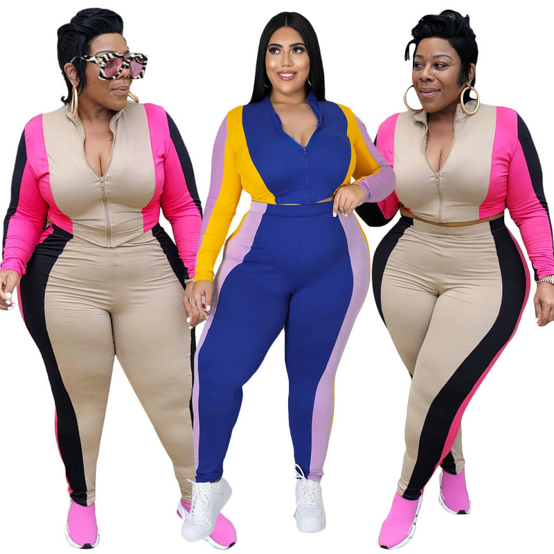 Γυναικεία ρούχα SOMOIA Plus Size Casual αθλητική φόρμα που ταιριάζει σε χρώμα δύο τεμαχίων Σετ φερμουάρ Sporty ριγέ ραφές Lounge Sport Stes