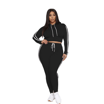 Plus Size Mikina s kapucňou Nohavice Set Dvojdielna súprava s dvojitým pruhom a potlačou Športový oblek Ležérne úzke nohavice Dámske zodpovedajúce outfity
