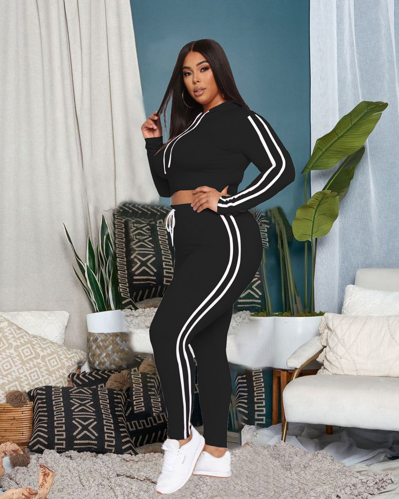 Plus Size Mikina s kapucňou Nohavice Set Dvojdielna súprava s dvojitým pruhom a potlačou Športový oblek Ležérne úzke nohavice Dámske zodpovedajúce outfity