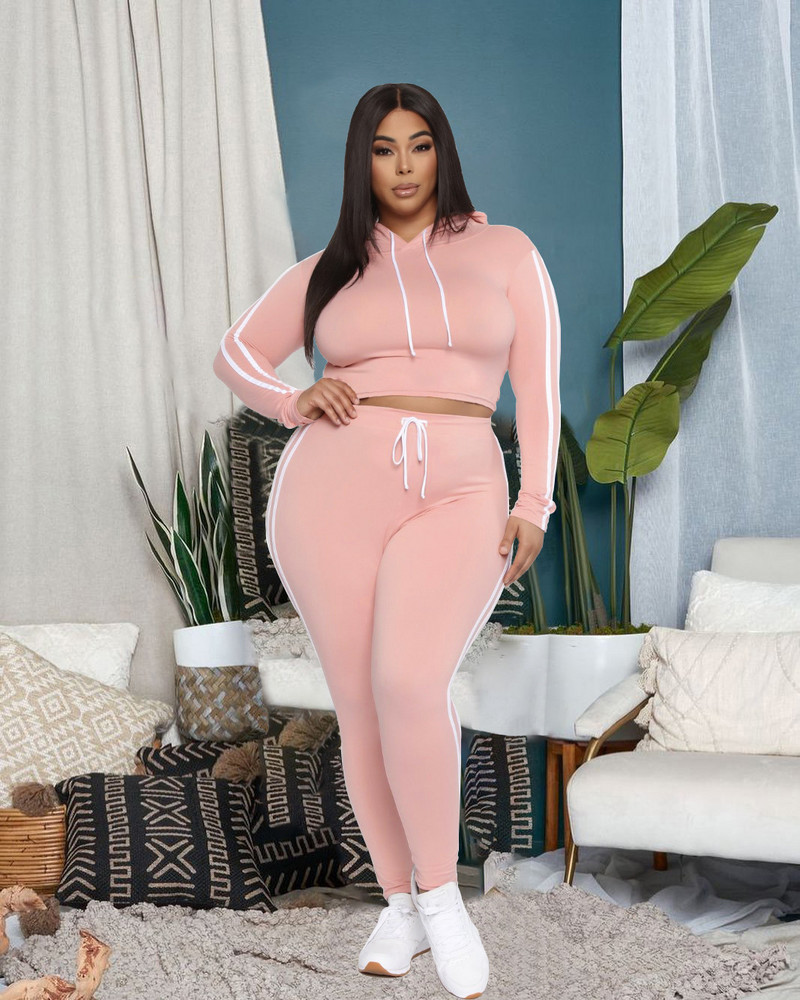 Plus Size Mikina s kapucňou Nohavice Set Dvojdielna súprava s dvojitým pruhom a potlačou Športový oblek Ležérne úzke nohavice Dámske zodpovedajúce outfity
