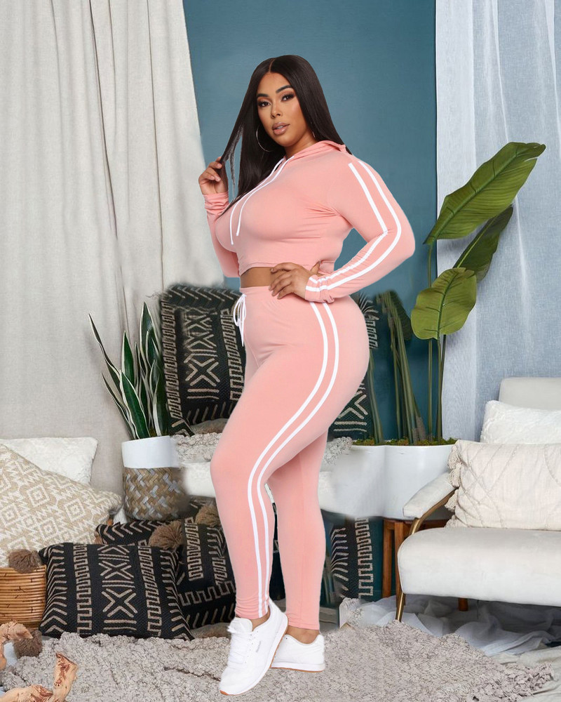 Plus Size Mikina s kapucňou Nohavice Set Dvojdielna súprava s dvojitým pruhom a potlačou Športový oblek Ležérne úzke nohavice Dámske zodpovedajúce outfity