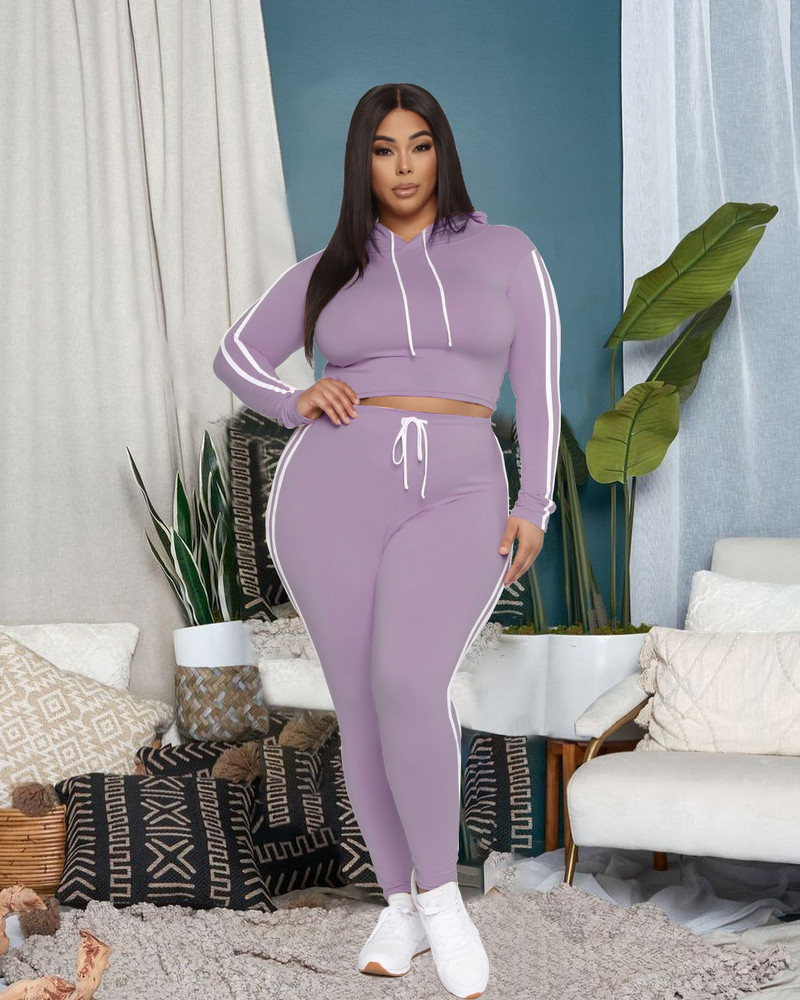 Plus Size Mikina s kapucňou Nohavice Set Dvojdielna súprava s dvojitým pruhom a potlačou Športový oblek Ležérne úzke nohavice Dámske zodpovedajúce outfity