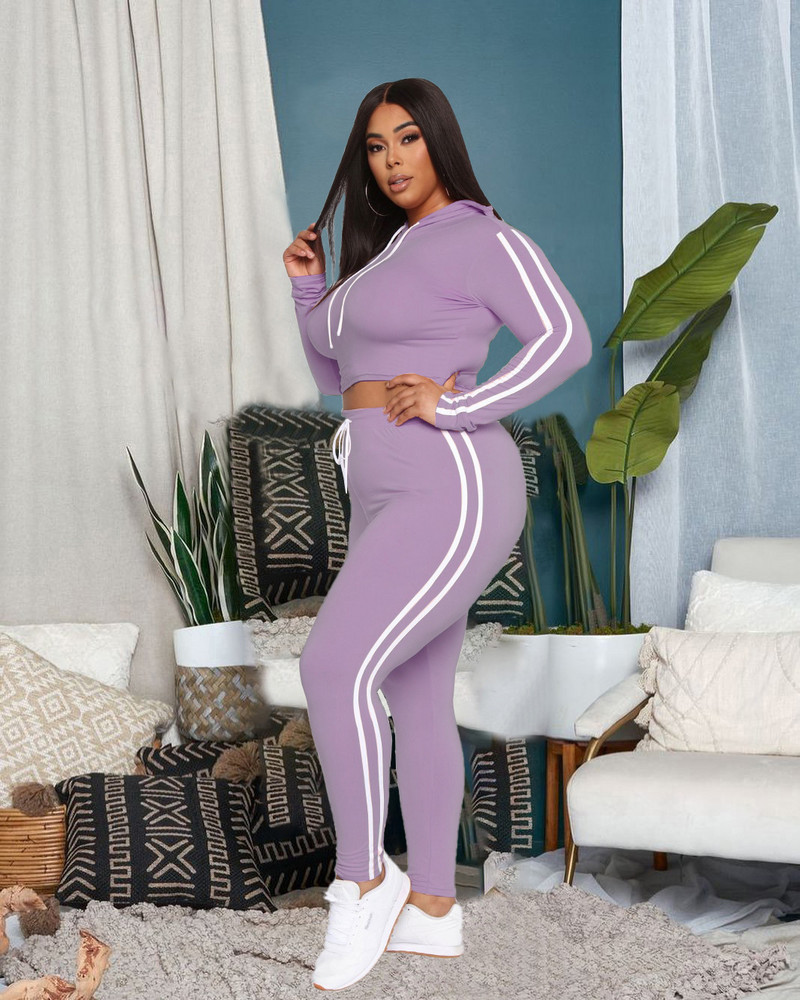 Plus Size Mikina s kapucňou Nohavice Set Dvojdielna súprava s dvojitým pruhom a potlačou Športový oblek Ležérne úzke nohavice Dámske zodpovedajúce outfity