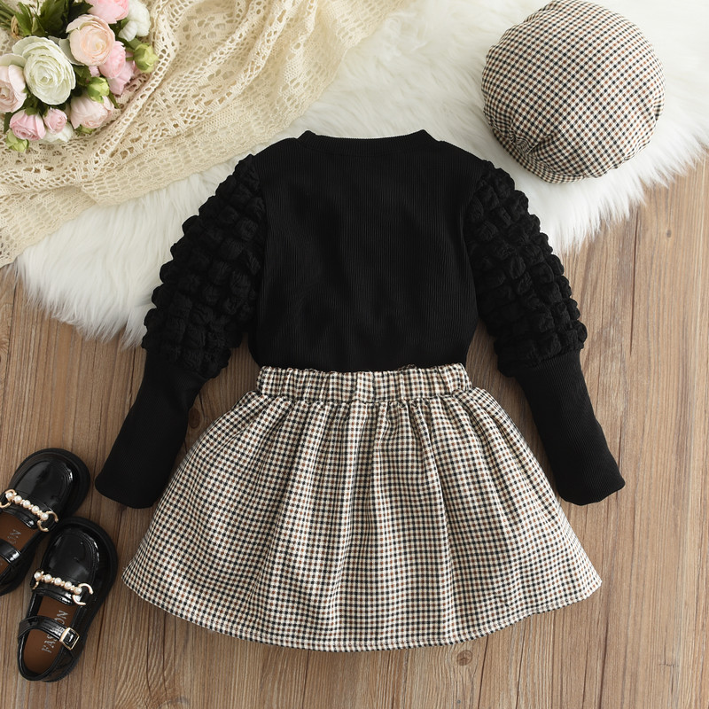 Bear Leader tüdrukute komplekt 2023. aasta sügis, uus laste ümarkaelus + ruuduline lühike seelik + müts, kolmeosaline laste moekomplekt