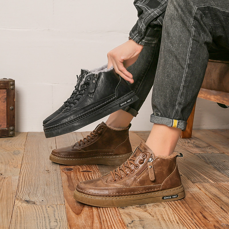 Ανδρικές μπότες με κορδόνια χειμωνιάτικα Ανδρικά παπούτσια casual για άντρες Plus βελούδινες επίπεδες μπότες εξωτερικού χώρου με ζεστό πλαϊνό φερμουάρ Κοντά βαμβακερά ανδρικά παπούτσια