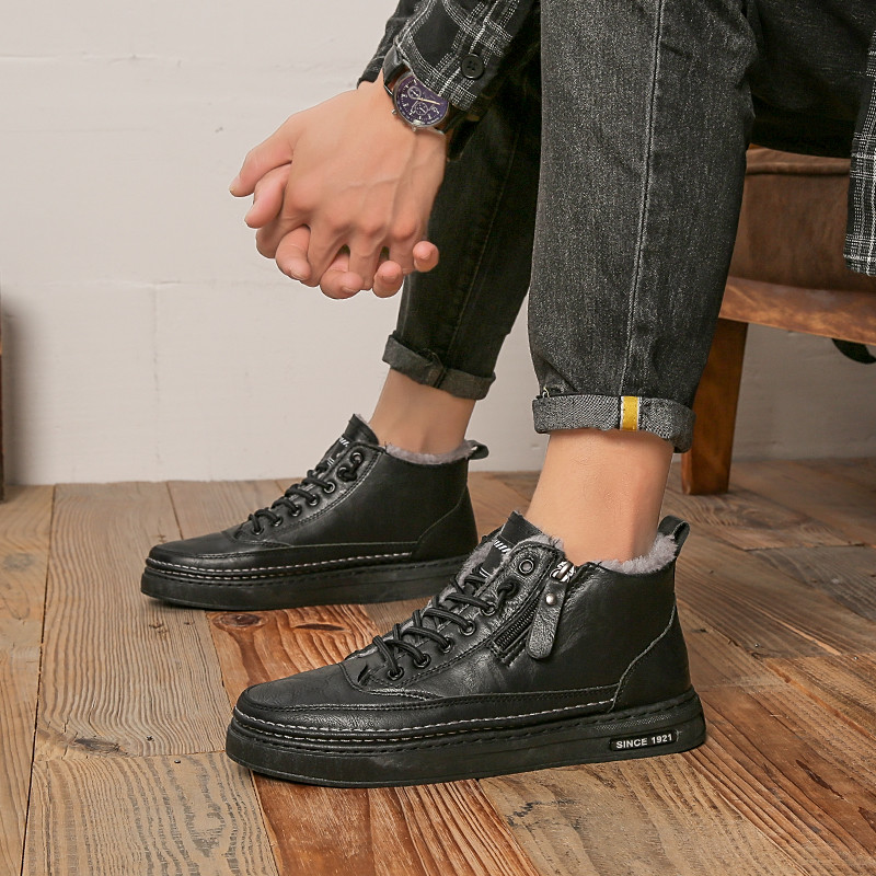 Ανδρικές μπότες με κορδόνια χειμωνιάτικα Ανδρικά παπούτσια casual για άντρες Plus βελούδινες επίπεδες μπότες εξωτερικού χώρου με ζεστό πλαϊνό φερμουάρ Κοντά βαμβακερά ανδρικά παπούτσια