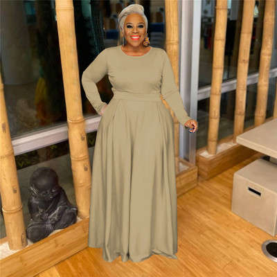 Dámske oblečenie Plus Size, ležérny jednodielny set s okrúhlym výstrihom a dlhým rukávom, jesenný oblek, nariasené maxi sukne, veľkoobchod