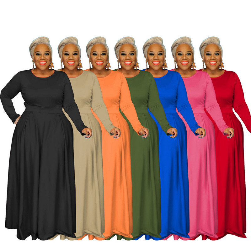 Dámske oblečenie Plus Size, ležérny jednodielny set s okrúhlym výstrihom a dlhým rukávom, jesenný oblek, nariasené maxi sukne, veľkoobchod