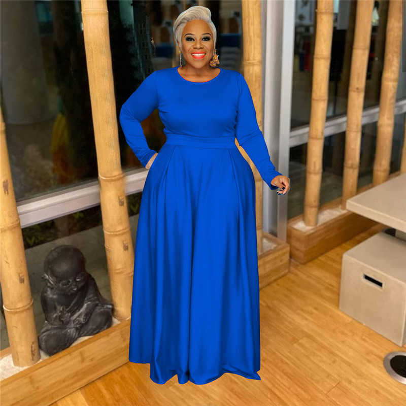 Dámske oblečenie Plus Size, ležérny jednodielny set s okrúhlym výstrihom a dlhým rukávom, jesenný oblek, nariasené maxi sukne, veľkoobchod