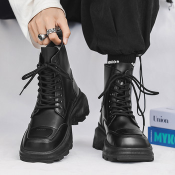 Мъжки ботуши на платформа с квадратни пръсти Нови мъжки обувки с връзки до средата на прасеца Ботуши за открито Мотоциклетни ботуши в британски стил Мъжки ежедневни обувки