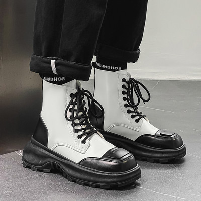 Cizme de bărbați cu platformă cu vârf pătrat Pantofi noi pentru bărbați Cizme de exterior cu șireturi până la jumătatea gambei Cizme de motocicletă în stil britanic Pantofi ocazionali pentru bărbați