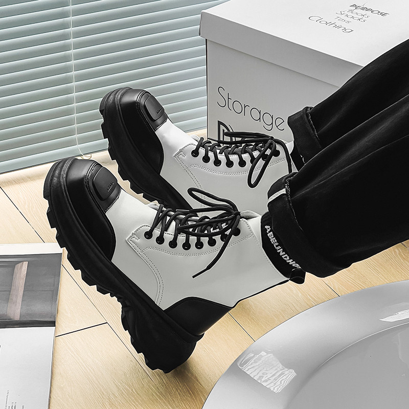 Cizme de bărbați cu platformă cu vârf pătrat Pantofi noi pentru bărbați Cizme de exterior cu șireturi până la jumătatea gambei Cizme de motocicletă în stil britanic Pantofi ocazionali pentru bărbați