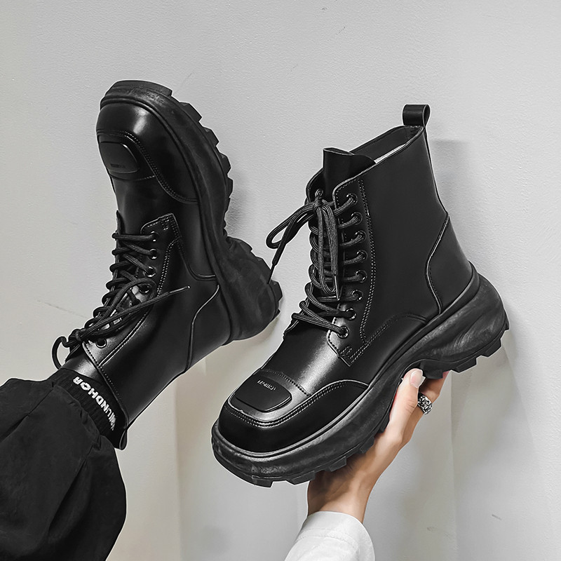 Cizme de bărbați cu platformă cu vârf pătrat Pantofi noi pentru bărbați Cizme de exterior cu șireturi până la jumătatea gambei Cizme de motocicletă în stil britanic Pantofi ocazionali pentru bărbați