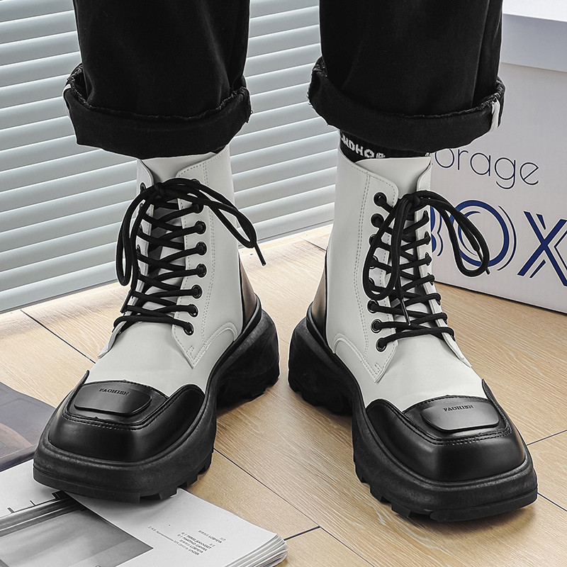Cizme de bărbați cu platformă cu vârf pătrat Pantofi noi pentru bărbați Cizme de exterior cu șireturi până la jumătatea gambei Cizme de motocicletă în stil britanic Pantofi ocazionali pentru bărbați