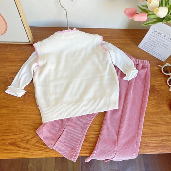 Есенна мода за момичета Трикотаж Пуловер Жилетка Основа Риза и панталон Комплект от три части Детски памучни дрехи в колегиален стил