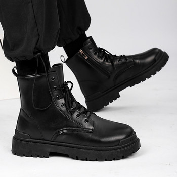 Plus Velvet Platform Ανδρικές μπότες Νέα παπούτσια για άνδρες Χειμερινό φερμουάρ στο πλάι Ζεστές κοντές δερμάτινες μπότες Αντιολισθητικές μπότες μοτοσυκλέτας με κορδόνια