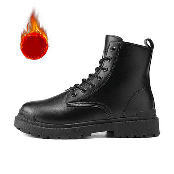 Plus Velvet Platform Ανδρικές μπότες Νέα παπούτσια για άνδρες Χειμερινό φερμουάρ στο πλάι Ζεστές κοντές δερμάτινες μπότες Αντιολισθητικές μπότες μοτοσυκλέτας με κορδόνια