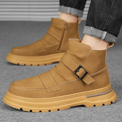 Csattal díszített kültéri csizmák férfi cipők oldalsó cipzáras bokacsizmák férfi divatos platós csizmák meleg őszi férfi cipők Botas