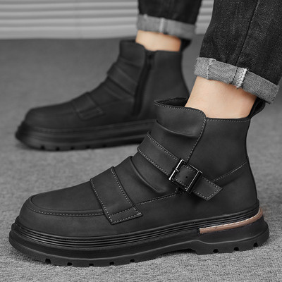 Csattal díszített kültéri csizmák férfi cipők oldalsó cipzáras bokacsizmák férfi divatos platós csizmák meleg őszi férfi cipők Botas