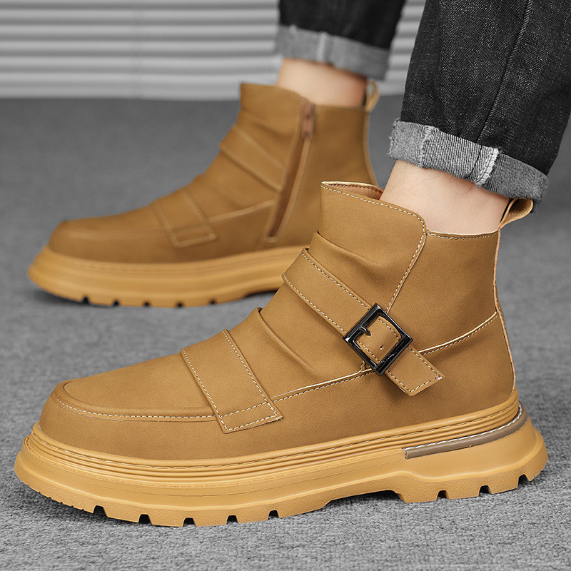 Csattal díszített kültéri csizmák férfi cipők oldalsó cipzáras bokacsizmák férfi divatos platós csizmák meleg őszi férfi cipők Botas