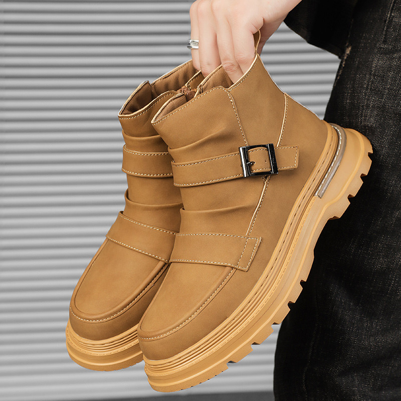 Csattal díszített kültéri csizmák férfi cipők oldalsó cipzáras bokacsizmák férfi divatos platós csizmák meleg őszi férfi cipők Botas