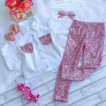 Φθινοπωρινά ρούχα για παιδικά κορίτσια 2023 Μακρυμάνικη μπλούζα λευκή μπλούζα+ροζ παγιέτες παντελόνι σετ ρούχων Παιδική κοριτσίστικη φόρμα 8 ετών