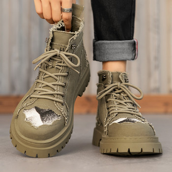 Мъжки ботуши 2023 г. Нови мъжки обувки Мъжки ботуши на открито с връзки и кръгли пръсти, платнени ежедневни мото обувки с дебела подметка Zapatos Para Hombres