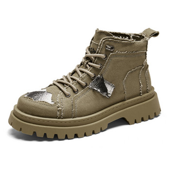 Ανδρικές μπότες 2023 Νέα ανδρικά παπούτσια για εξωτερικούς χώρους με κορδόνια με στρογγυλή μύτη Ανδρικές μπότες με χοντρή σόλα Canvas Casual Moto Shoes Zapatos Para Hombres