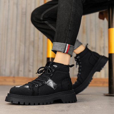 Ανδρικές μπότες 2023 Νέα ανδρικά παπούτσια για εξωτερικούς χώρους με κορδόνια με στρογγυλή μύτη Ανδρικές μπότες με χοντρή σόλα Canvas Casual Moto Shoes Zapatos Para Hombres