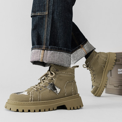 Ανδρικές μπότες 2023 Νέα ανδρικά παπούτσια για εξωτερικούς χώρους με κορδόνια με στρογγυλή μύτη Ανδρικές μπότες με χοντρή σόλα Canvas Casual Moto Shoes Zapatos Para Hombres