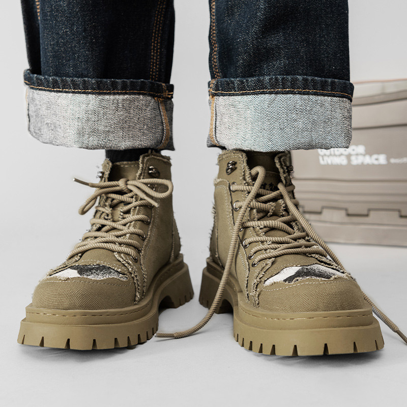 Ανδρικές μπότες 2023 Νέα ανδρικά παπούτσια για εξωτερικούς χώρους με κορδόνια με στρογγυλή μύτη Ανδρικές μπότες με χοντρή σόλα Canvas Casual Moto Shoes Zapatos Para Hombres