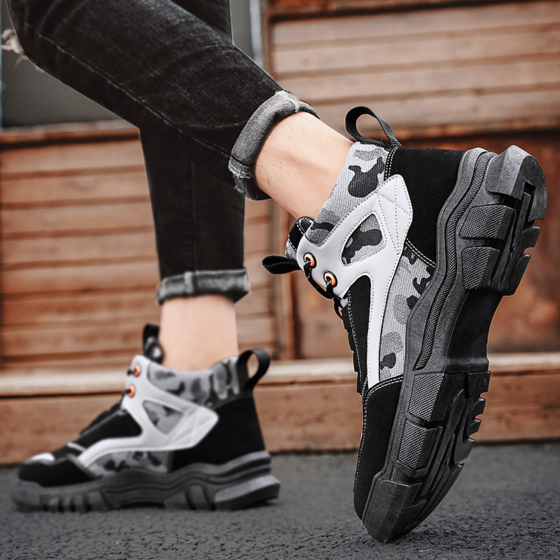 Cizme scurte pentru bărbați cu șireturi Pantofi pentru bărbați Cizme pentru bărbați ocazionale cu vârf rotund, rezistente la uzură, Ghete cu platformă impermeabile de primăvară și toamnă