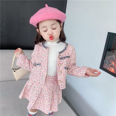 3308E Set de îmbrăcăminte pentru fete costum dulce 2022 toamnă nou Little parfumat wind girl costum două piese haină tricotată+ fustă plisată