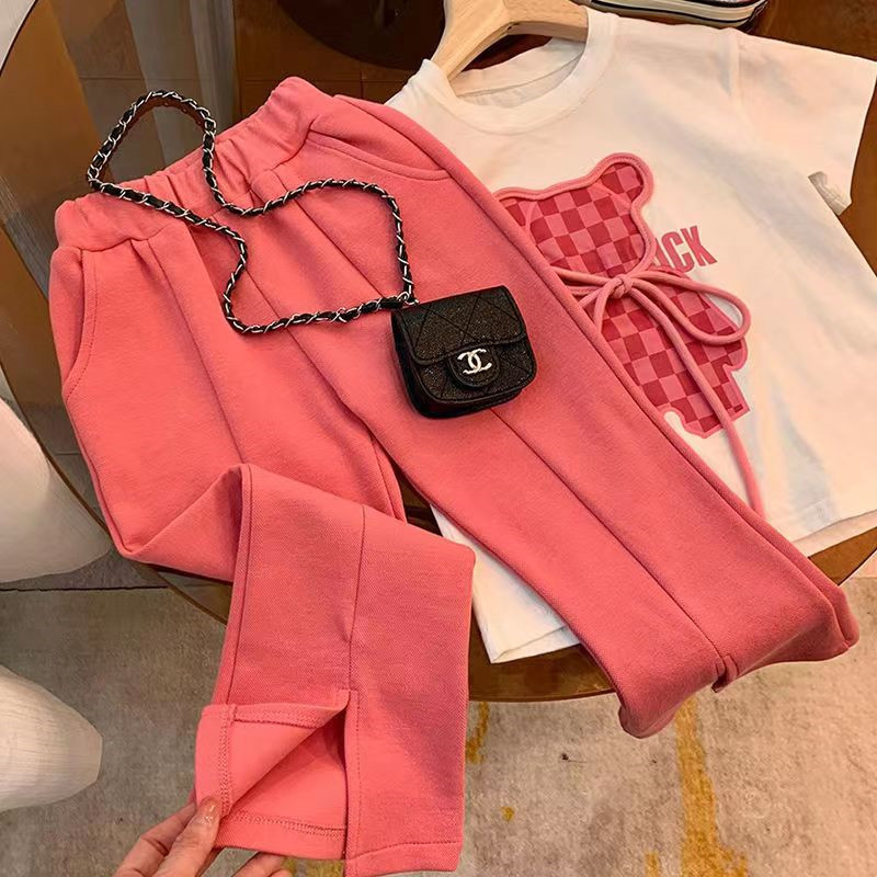 Tüdrukute suvised spordialad vabaaja ülikonnariided 2022 uus multifilmi puuvillane T-särk Tüdrukute karu mustriga laienevad püksid, kaheosaline komplekt