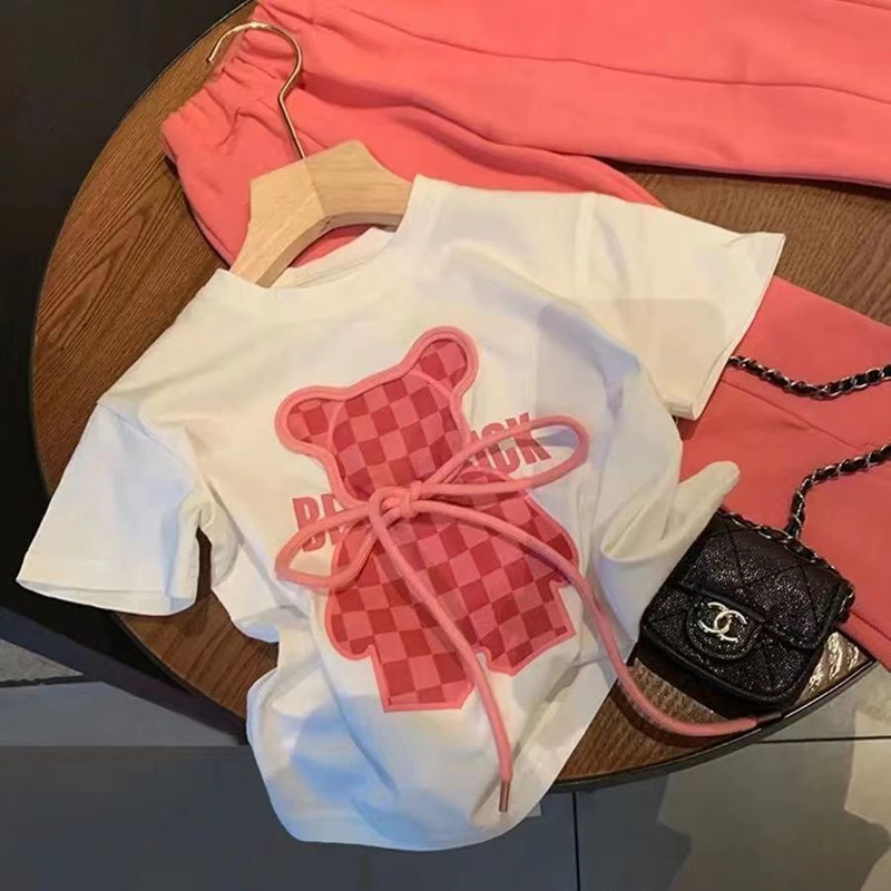 Tüdrukute suvised spordialad vabaaja ülikonnariided 2022 uus multifilmi puuvillane T-särk Tüdrukute karu mustriga laienevad püksid, kaheosaline komplekt