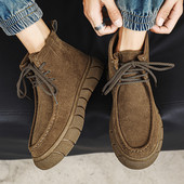 Cizme cu platformă cu șireturi Pantofi pentru bărbați, de primăvară și toamnă, de culoare uni, cizme pentru bărbați, cizme scurte anti-alunecare, rezistente la uzură.