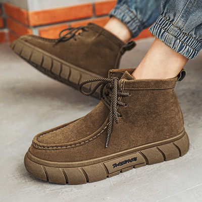 Cizme cu platformă cu șireturi Pantofi pentru bărbați, de primăvară și toamnă, de culoare uni, cizme pentru bărbați, cizme scurte anti-alunecare, rezistente la uzură.