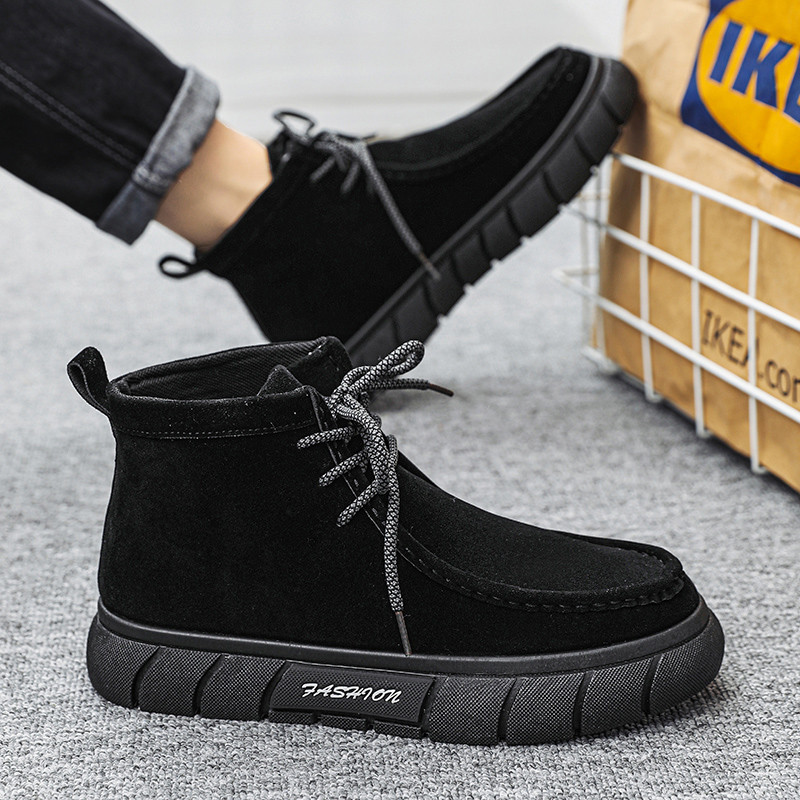 Cizme cu platformă cu șireturi Pantofi pentru bărbați, de primăvară și toamnă, de culoare uni, cizme pentru bărbați, cizme scurte anti-alunecare, rezistente la uzură.