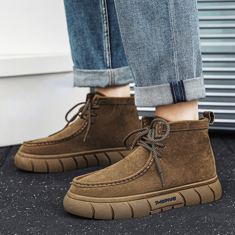 Cizme cu platformă cu șireturi Pantofi pentru bărbați, de primăvară și toamnă, de culoare uni, cizme pentru bărbați, cizme scurte anti-alunecare, rezistente la uzură.
