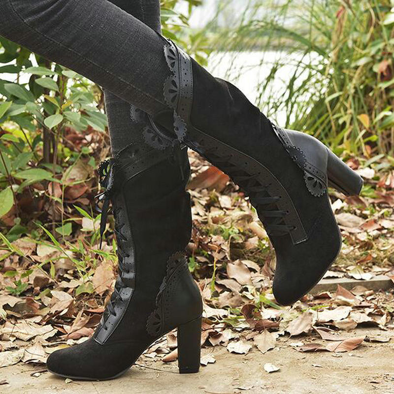 Cizme sexy din piele cu toc până la genunchi, cizme din piele intoarsa, cizme gotice vintage din dantela, cizme cu toc înalt, cizme de toamnă, pantofi, nava picătură