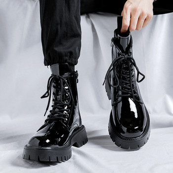 Модни ботуши с цип 2023 г. Нови мъжки обувки На открито с дебела подметка Средни мъжки ботуши Британски стил Лачени мъжки ботуши